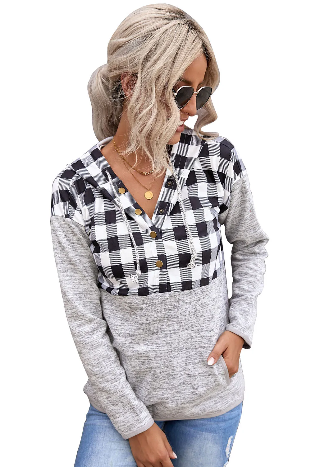Black Plaid Splicing Pocketed Hoodie