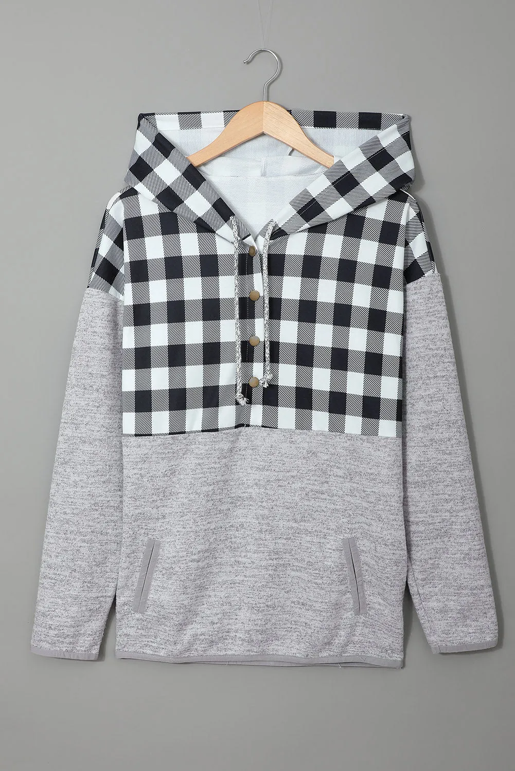 Black Plaid Splicing Pocketed Hoodie