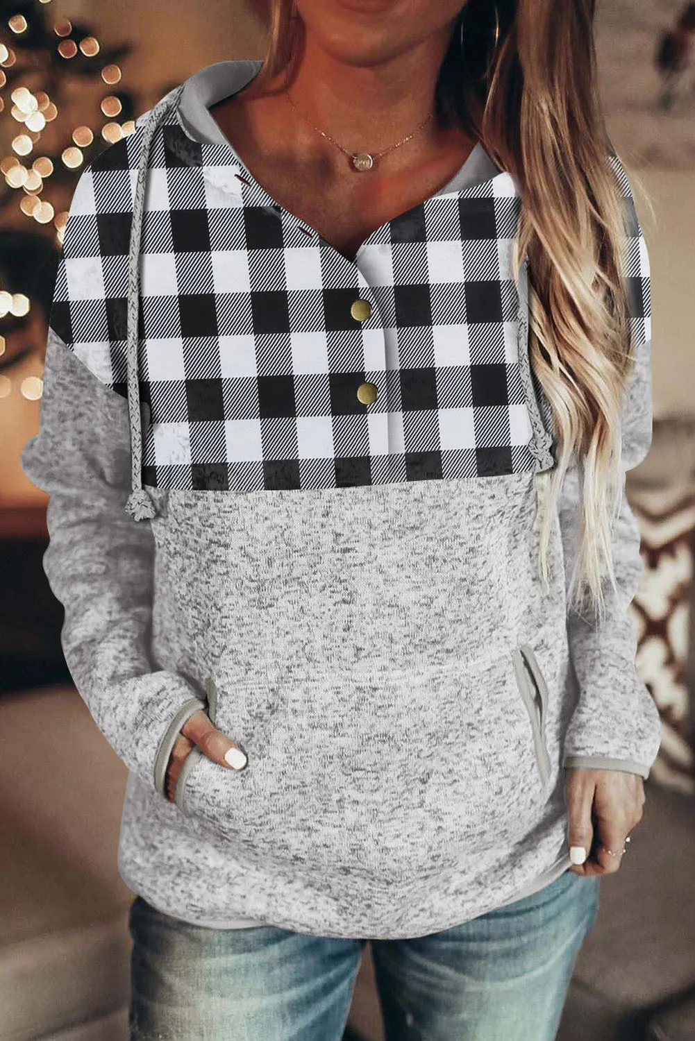 Black Plaid Splicing Pocketed Hoodie