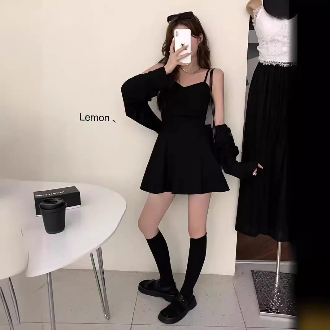 Black Small A- line Short Skirt Women's Summer Night Show Sexy V-neck Strap Dress Slimming Inspirational Beach Skirt