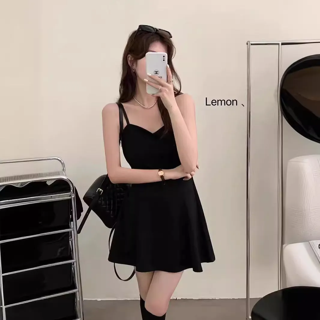 Black Small A- line Short Skirt Women's Summer Night Show Sexy V-neck Strap Dress Slimming Inspirational Beach Skirt