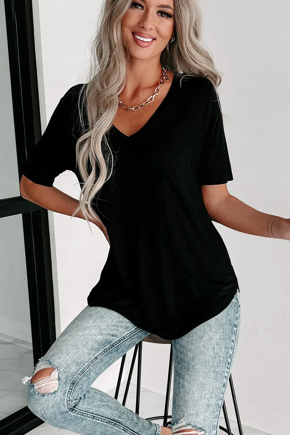 Black V Neck Pocketed Rounded Hem Tee