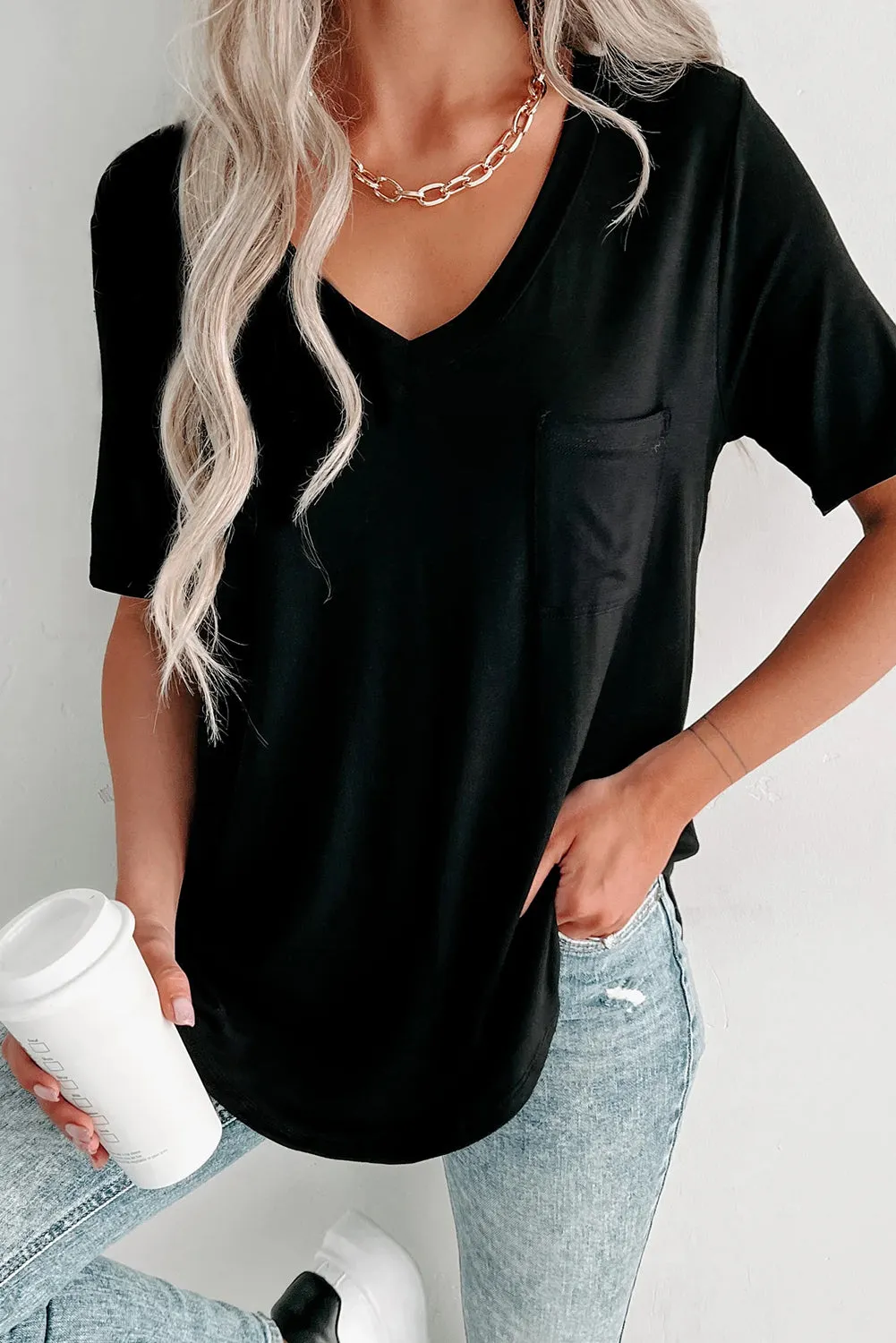 Black V Neck Pocketed Rounded Hem Tee