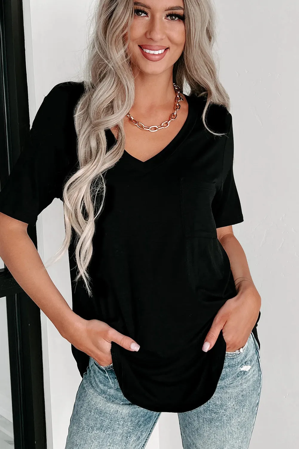 Black V Neck Pocketed Rounded Hem Tee