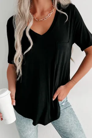 Black V Neck Pocketed Rounded Hem Tee