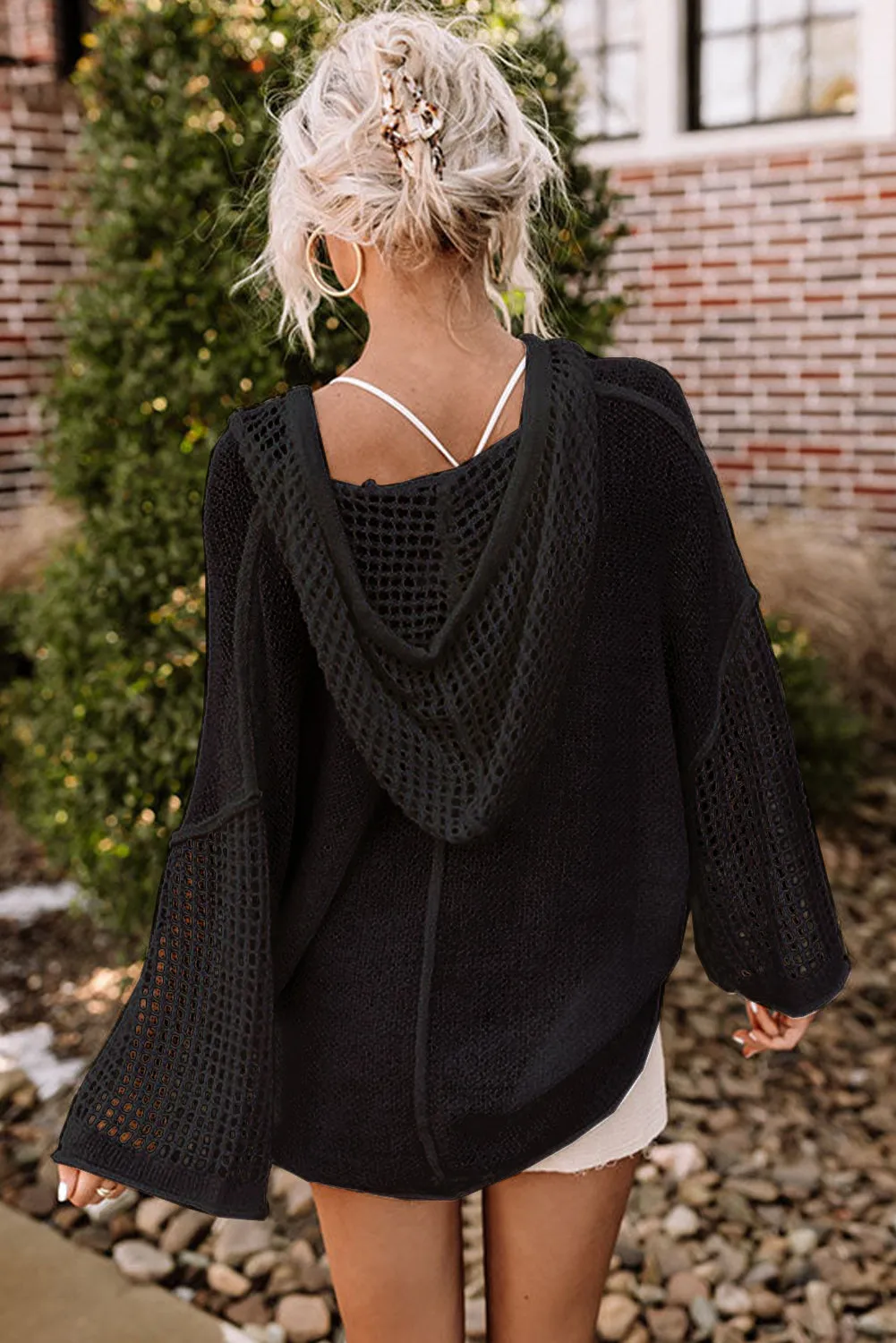 Black White Open Knit Long Sleeve Pocketed Hooded Sweater