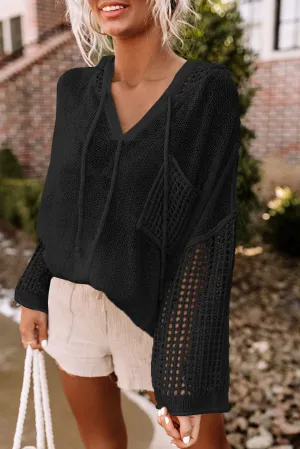 Black White Open Knit Long Sleeve Pocketed Hooded Sweater