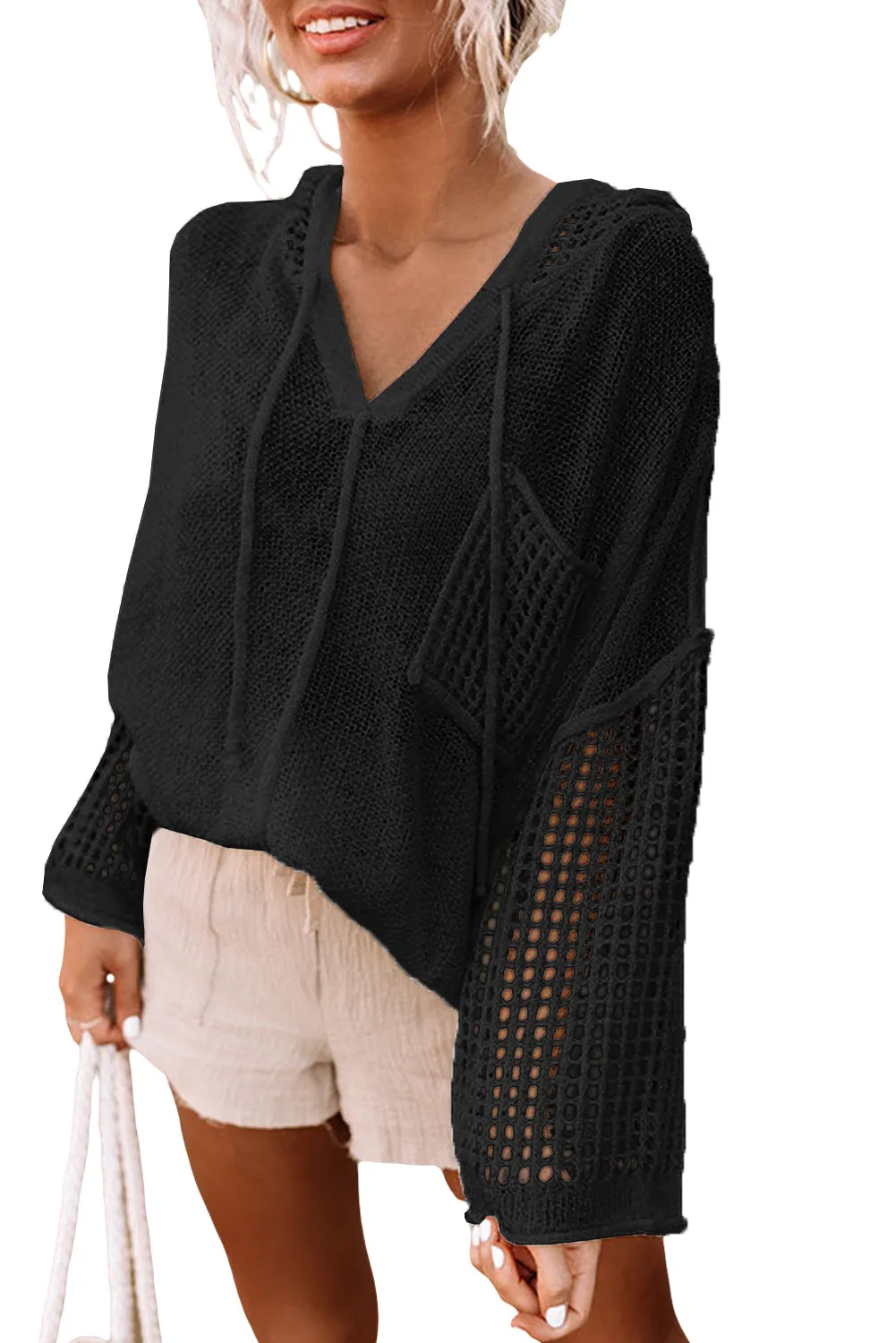 Black White Open Knit Long Sleeve Pocketed Hooded Sweater