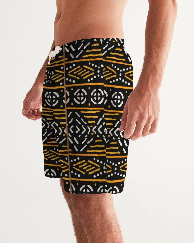 Black Yellow Bogolan African Print Men's Swim Trunk
