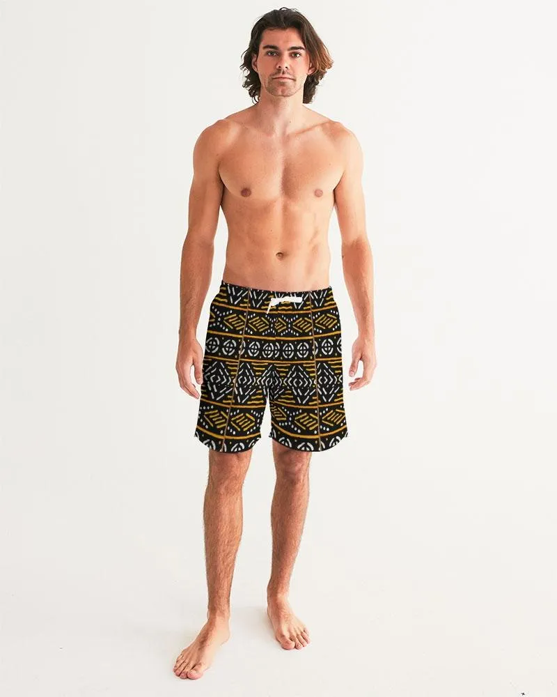 Black Yellow Bogolan African Print Men's Swim Trunk