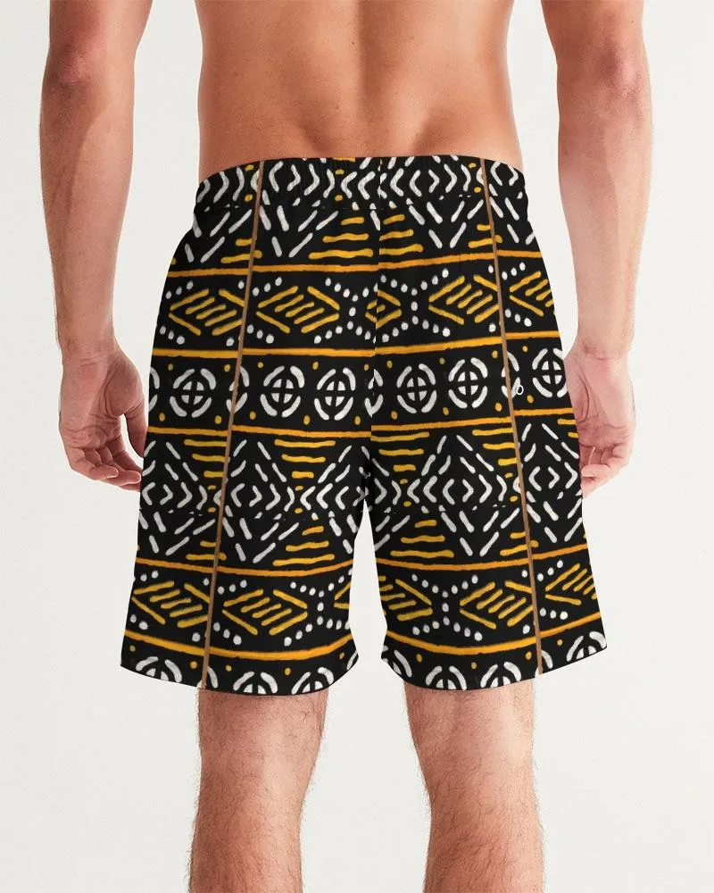 Black Yellow Bogolan African Print Men's Swim Trunk