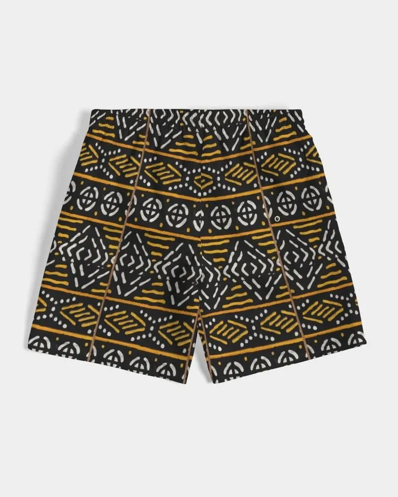 Black Yellow Bogolan African Print Men's Swim Trunk