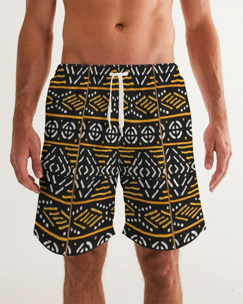 Black Yellow Bogolan African Print Men's Swim Trunk