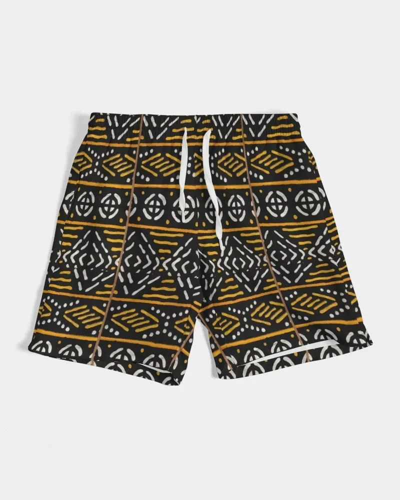Black Yellow Bogolan African Print Men's Swim Trunk