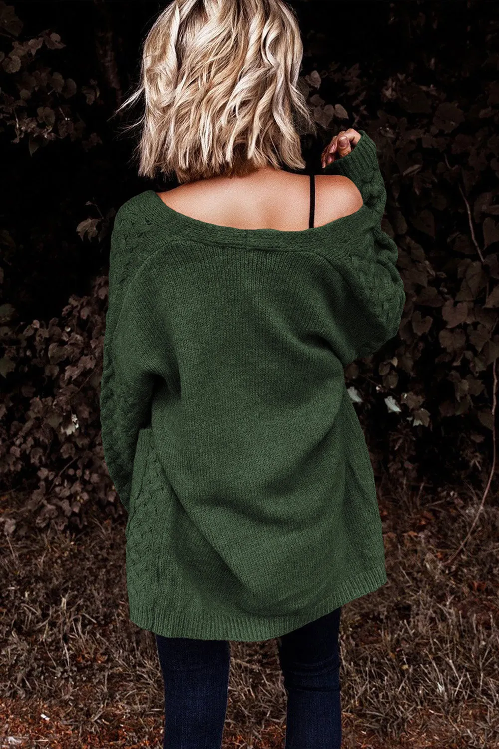 Blackish Green Plus Size Cable Knit Pocketed Open Cardigan