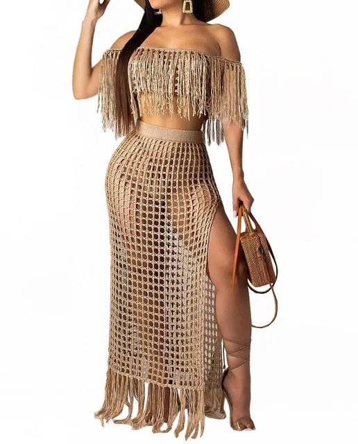 BLESSKISS 2 Two Piece Beach Dress Cover Up Women Summer Crochet Tassel Bathing Suit Swimsuit Bikini Coverups Party Beachwear