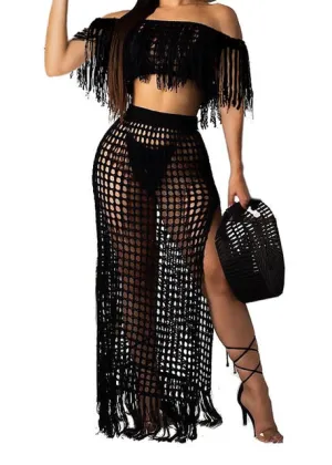 BLESSKISS 2 Two Piece Beach Dress Cover Up Women Summer Crochet Tassel Bathing Suit Swimsuit Bikini Coverups Party Beachwear