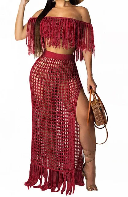 BLESSKISS 2 Two Piece Beach Dress Cover Up Women Summer Crochet Tassel Bathing Suit Swimsuit Bikini Coverups Party Beachwear