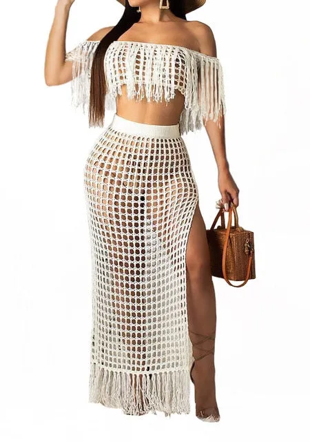 BLESSKISS 2 Two Piece Beach Dress Cover Up Women Summer Crochet Tassel Bathing Suit Swimsuit Bikini Coverups Party Beachwear