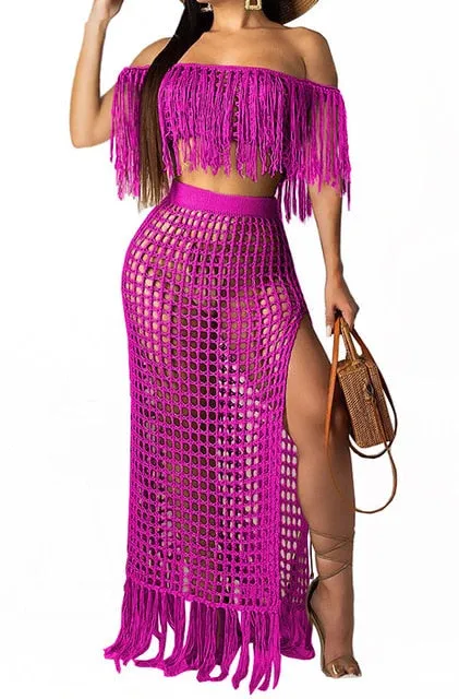 BLESSKISS 2 Two Piece Beach Dress Cover Up Women Summer Crochet Tassel Bathing Suit Swimsuit Bikini Coverups Party Beachwear