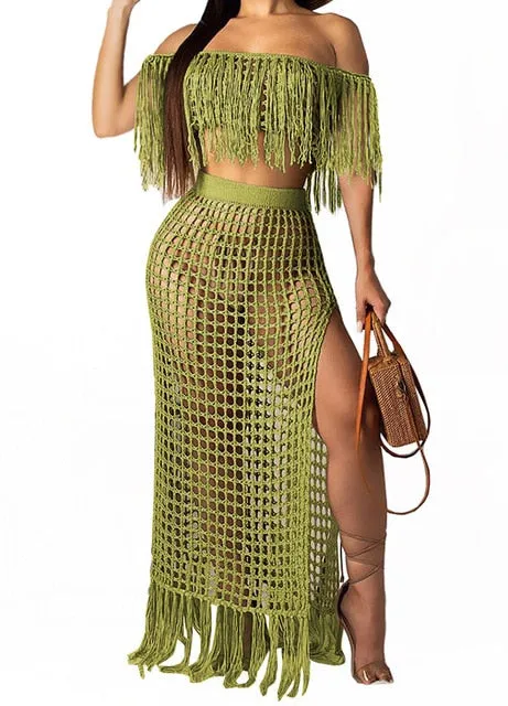 BLESSKISS 2 Two Piece Beach Dress Cover Up Women Summer Crochet Tassel Bathing Suit Swimsuit Bikini Coverups Party Beachwear