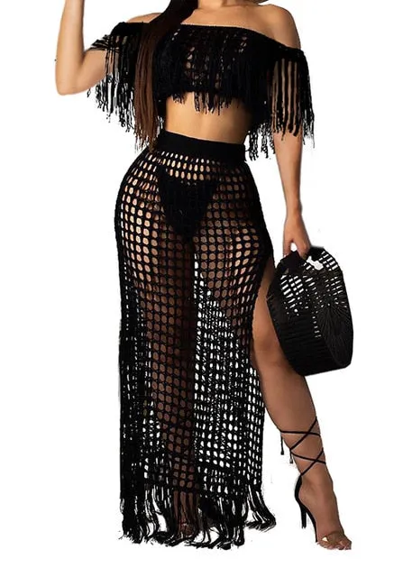 BLESSKISS 2 Two Piece Beach Dress Cover Up Women Summer Crochet Tassel Bathing Suit Swimsuit Bikini Coverups Party Beachwear