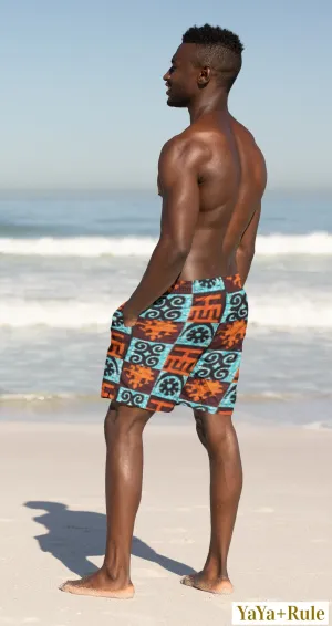 Blue  Orange Adinkra African print Men's Swim Trunk