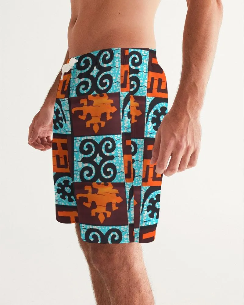 Blue  Orange Adinkra African print Men's Swim Trunk