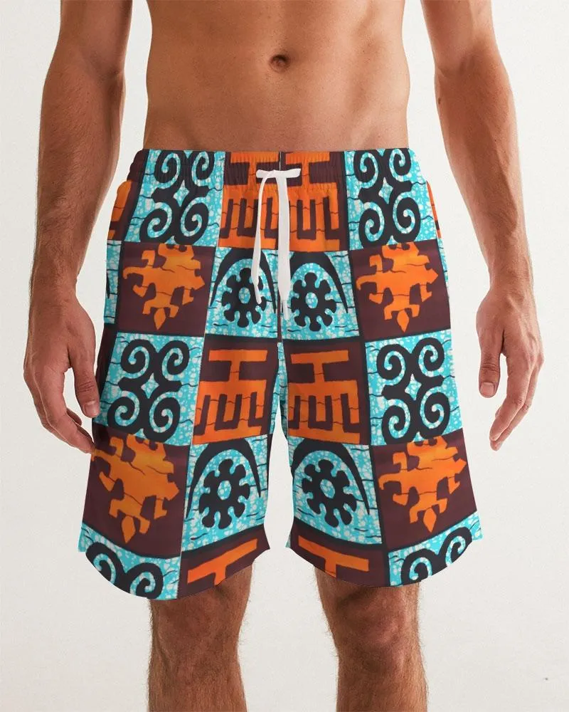 Blue  Orange Adinkra African print Men's Swim Trunk