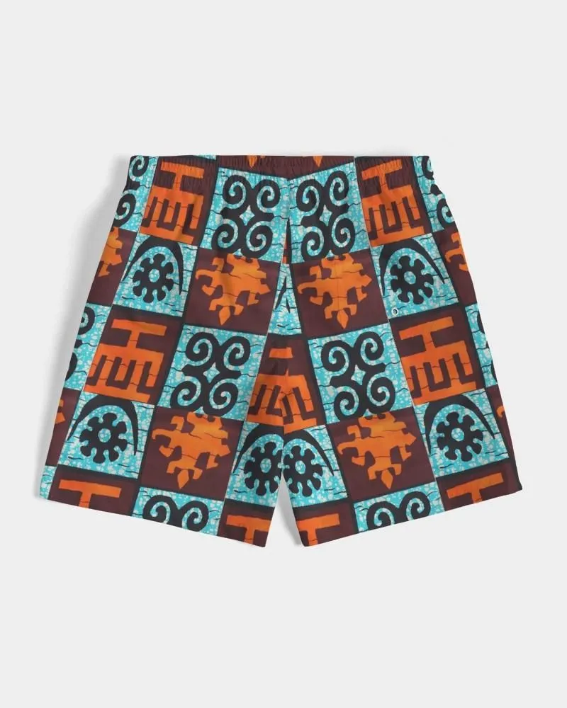 Blue  Orange Adinkra African print Men's Swim Trunk
