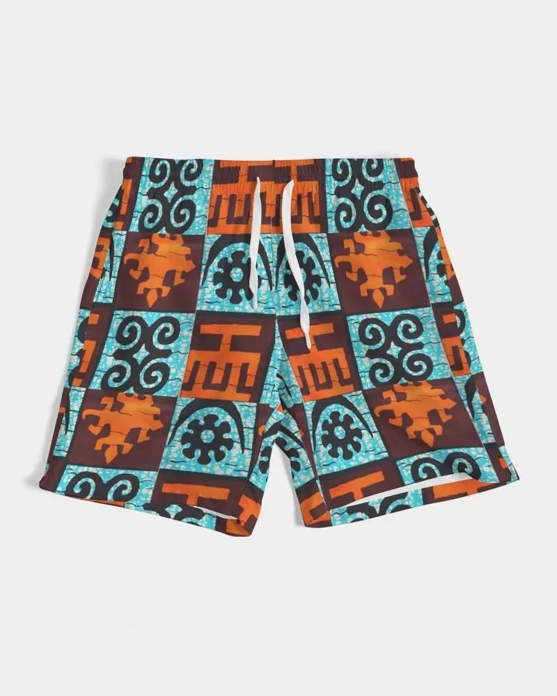 Blue  Orange Adinkra African print Men's Swim Trunk