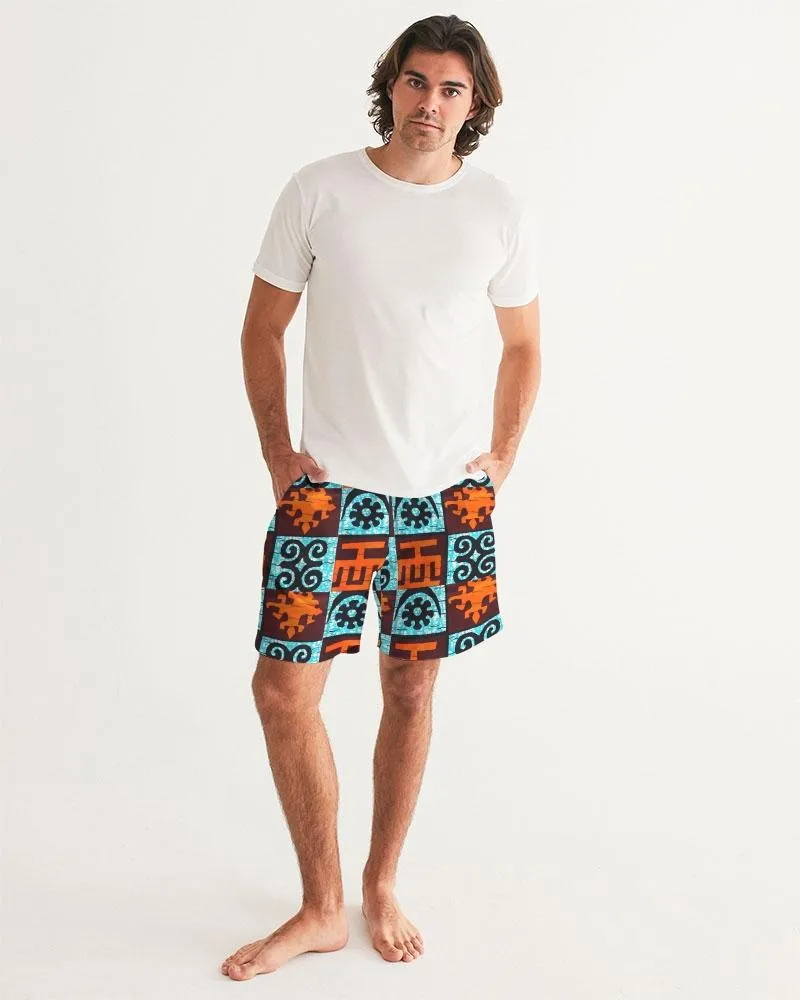 Blue  Orange Adinkra African print Men's Swim Trunk