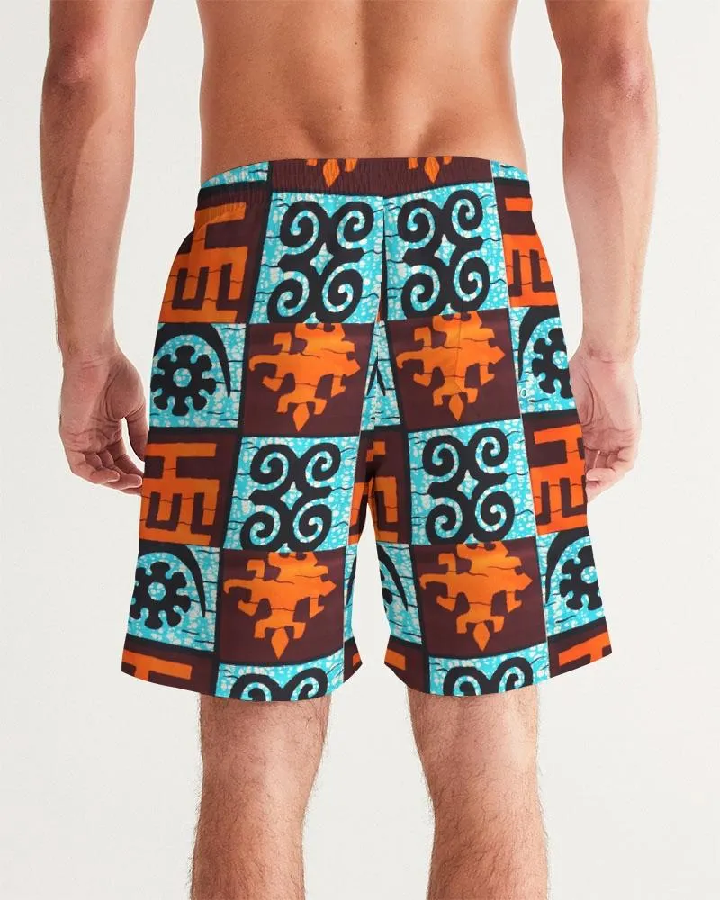 Blue  Orange Adinkra African print Men's Swim Trunk