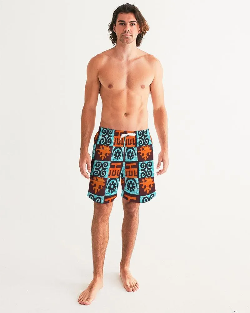 Blue  Orange Adinkra African print Men's Swim Trunk