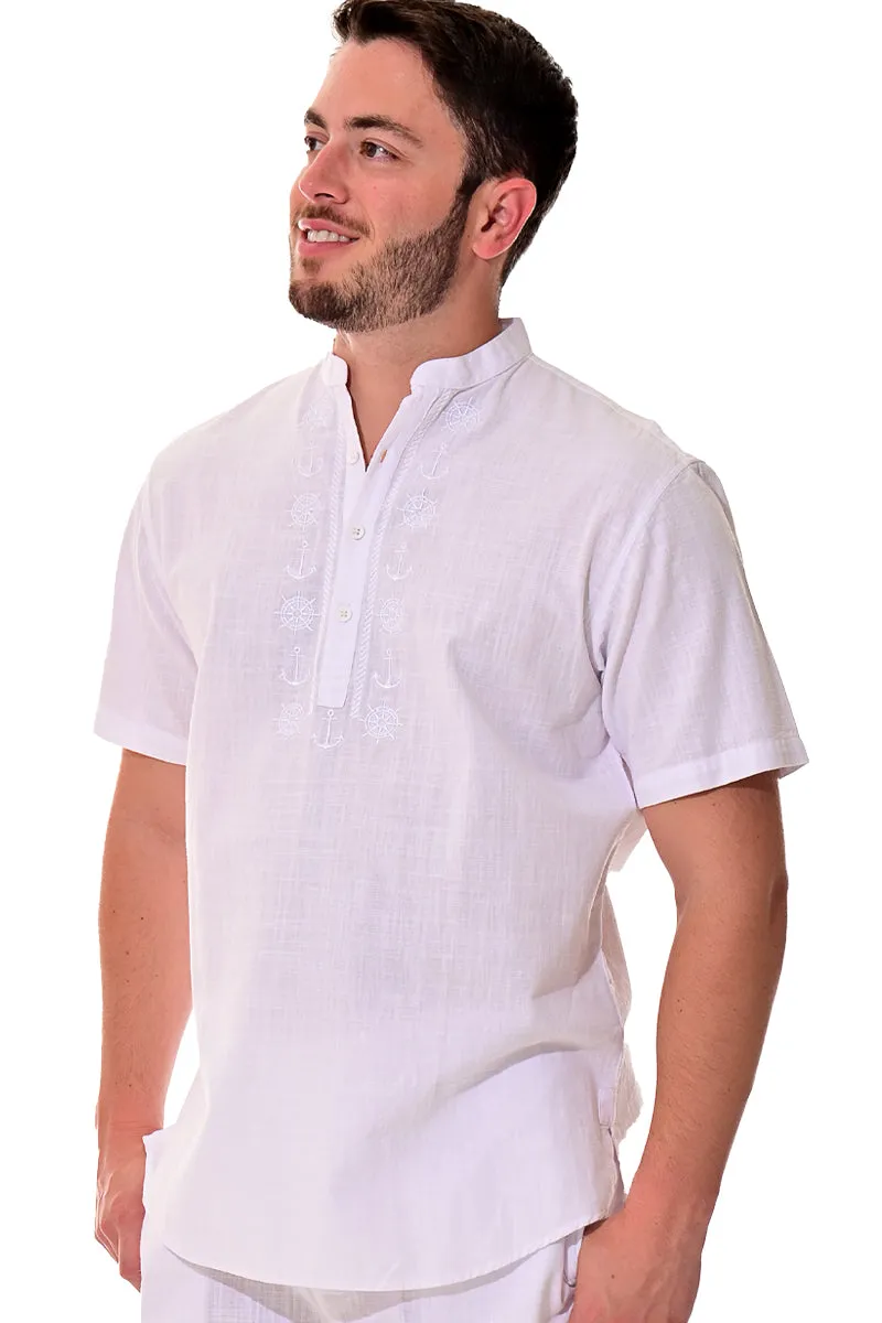 Bohio Mens White Cotton Casual Embroidered Banded Collar Short Sleeve Shirt in Natural- MCS1077