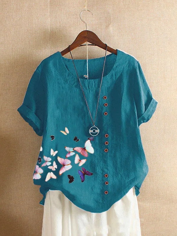 Butterfly Print Button Tee
