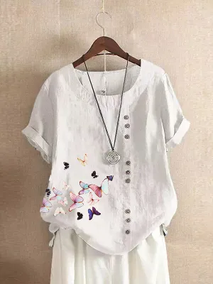 Butterfly Print Button Tee