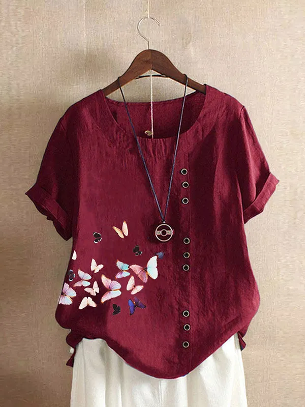 Butterfly Print Button Tee