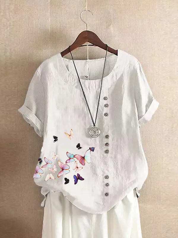Butterfly Print Button Tee