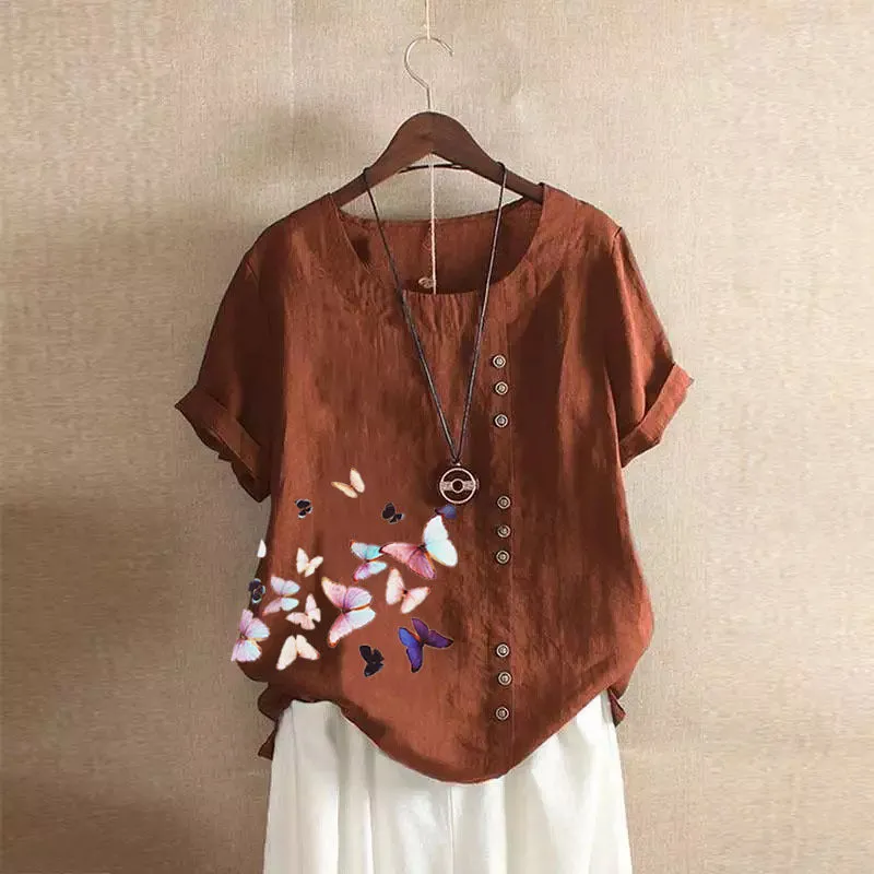 Butterfly Print Button Tee