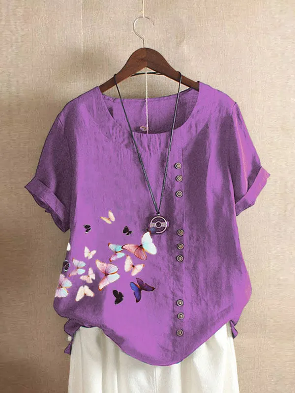 Butterfly Print Button Tee