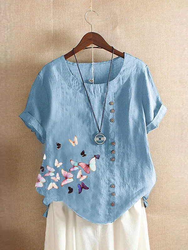 Butterfly Print Button Tee