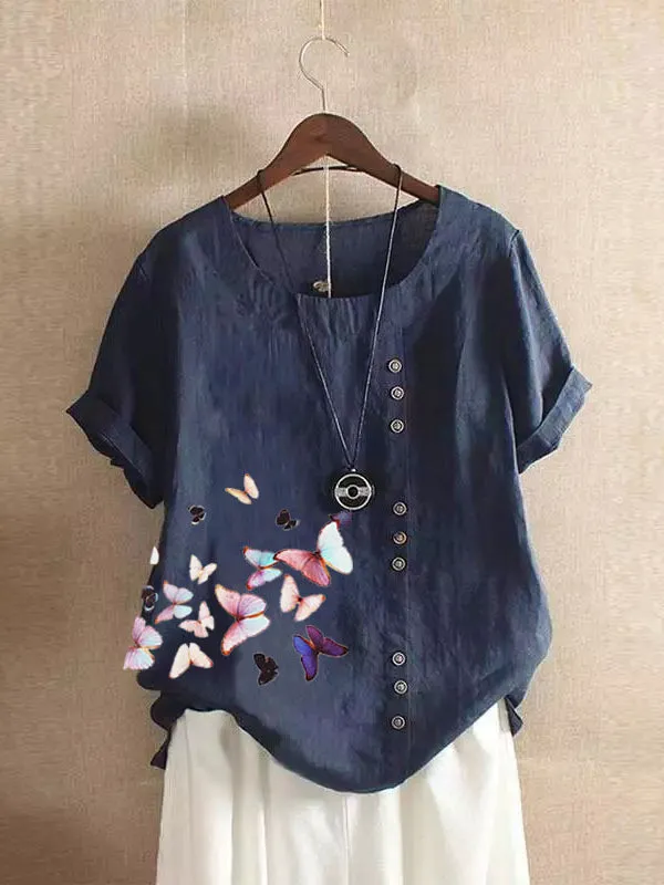 Butterfly Print Button Tee