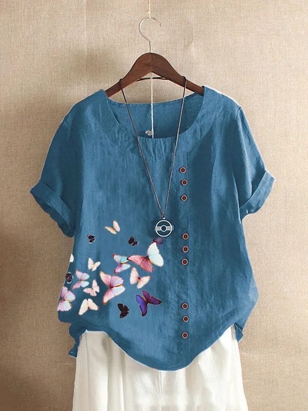 Butterfly Print Button Tee