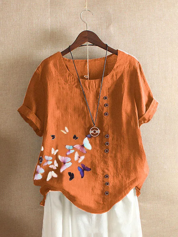 Butterfly Print Button Tee