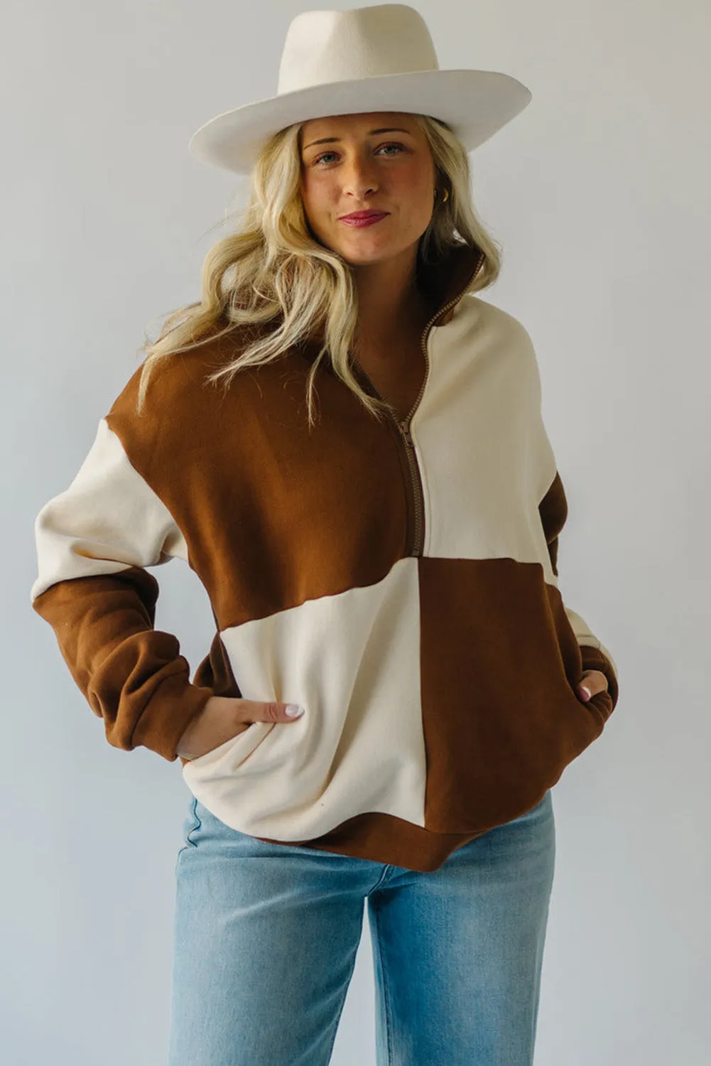 Chestnut Two-tone Color Block Half Zip Pocketed Sweatshirt