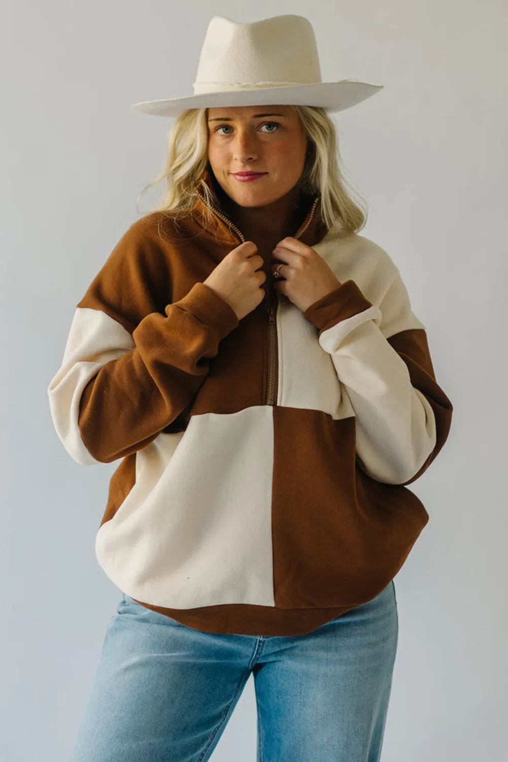 Chestnut Two-tone Color Block Half Zip Pocketed Sweatshirt