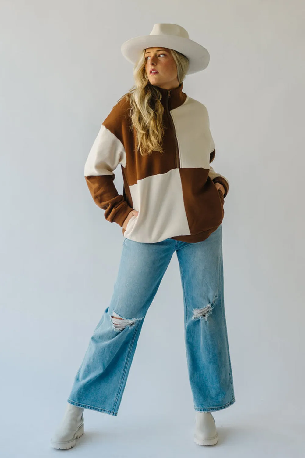 Chestnut Two-tone Color Block Half Zip Pocketed Sweatshirt