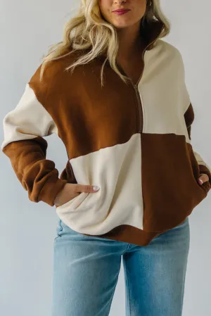 Chestnut Two-tone Color Block Half Zip Pocketed Sweatshirt