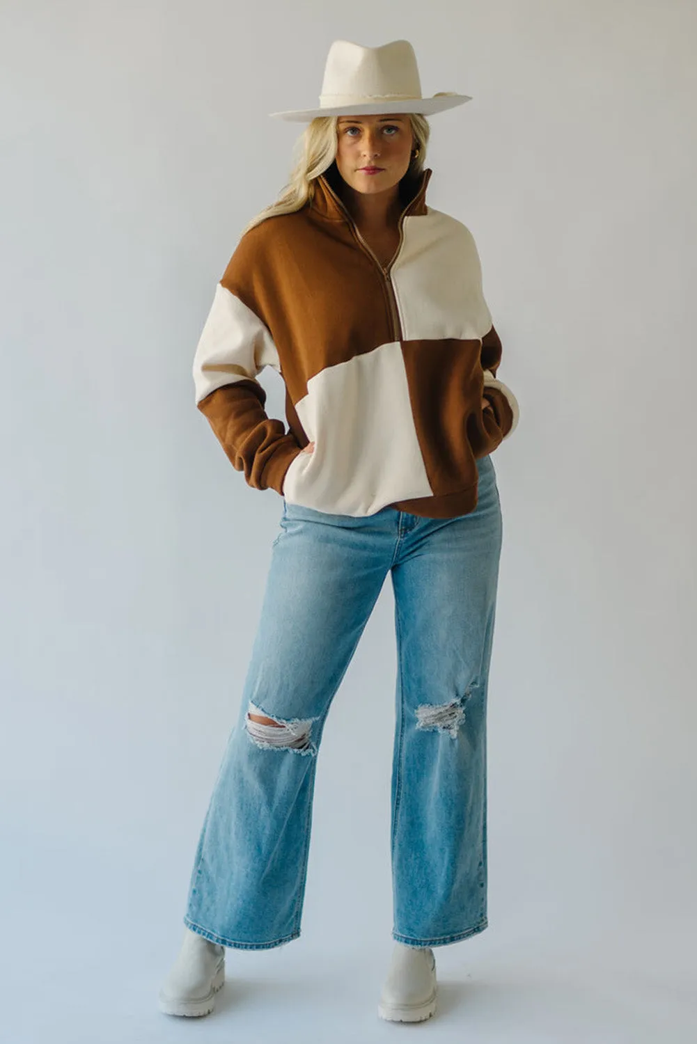 Chestnut Two-tone Color Block Half Zip Pocketed Sweatshirt